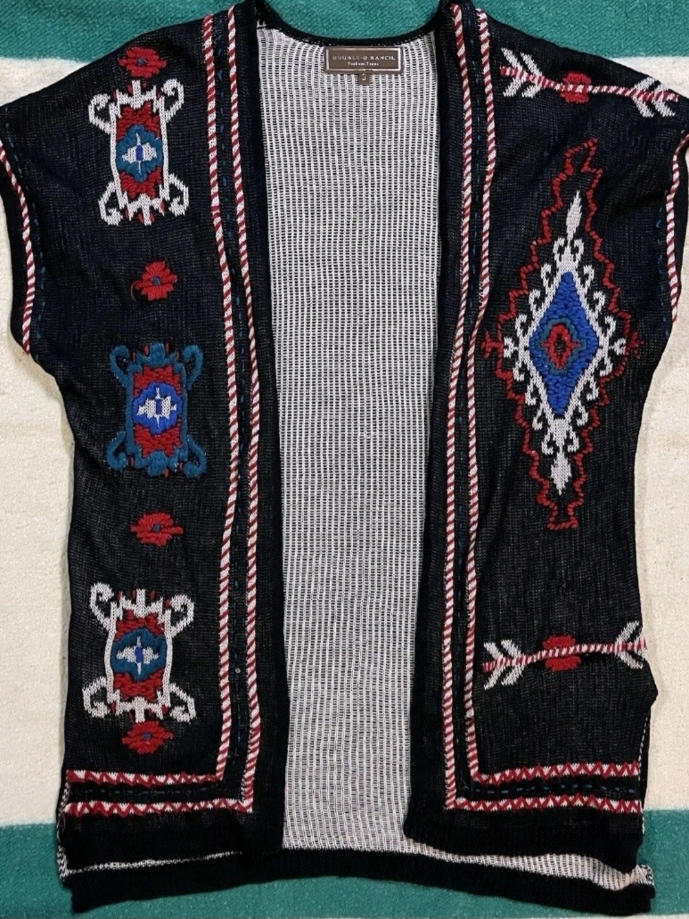 Double D Ranch Black Open-Front Embroidered Cardigan with Red & Blue Accents